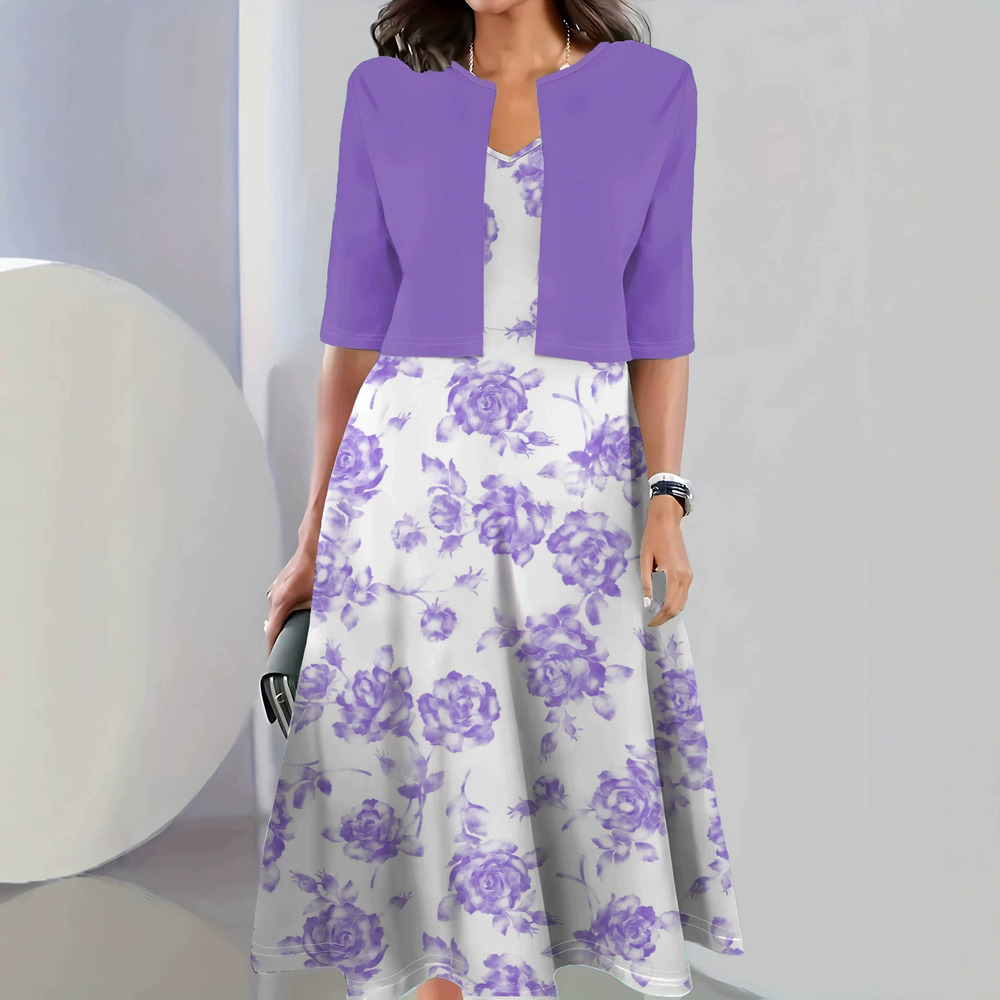 ZARA Purple Short Round Neck Cardigan White Purple Rose Print Party Cami Dress